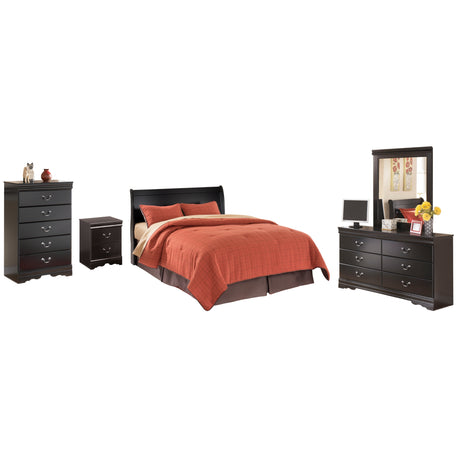 Huey Vineyard Queen Sleigh Headboard Bed with Mirrored Dresser, Chest and Nightstand in Black from Ashley Furniture - Luna Furniture