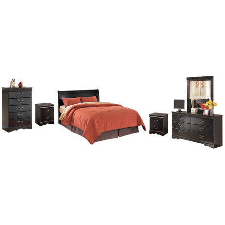 Huey Vineyard Queen Sleigh Headboard Bed with Mirrored Dresser, Chest and 2 Nightstands in Black from Ashley Furniture - Luna Furniture