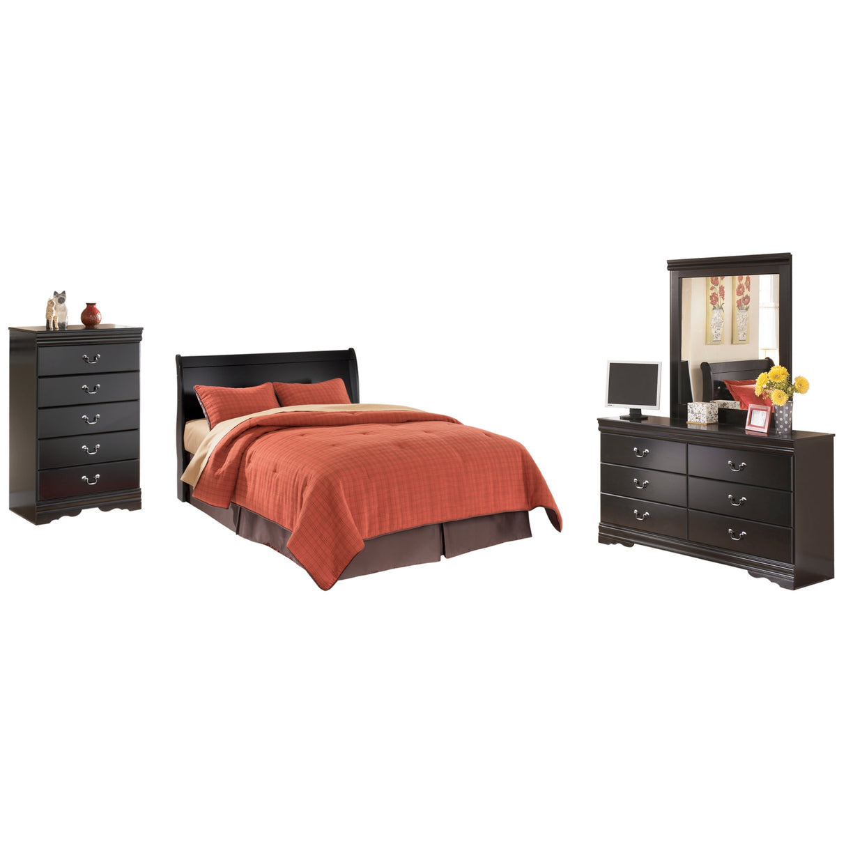 Huey Vineyard Queen Sleigh Headboard Bed with Mirrored Dresser and Chest in Black from Ashley Furniture - Luna Furniture