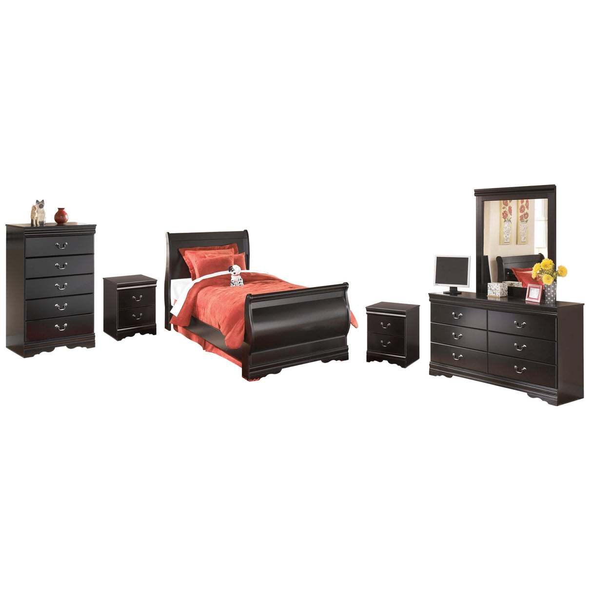 Huey Vineyard Full Sleigh Bed with Mirrored Dresser, Chest and 2 Nightstands in Black from Ashley Furniture - Luna Furniture