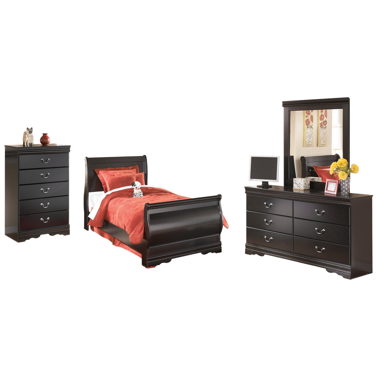 Huey Vineyard Full Sleigh Bed with Mirrored Dresser and Chest in Black from Ashley Furniture - Luna Furniture