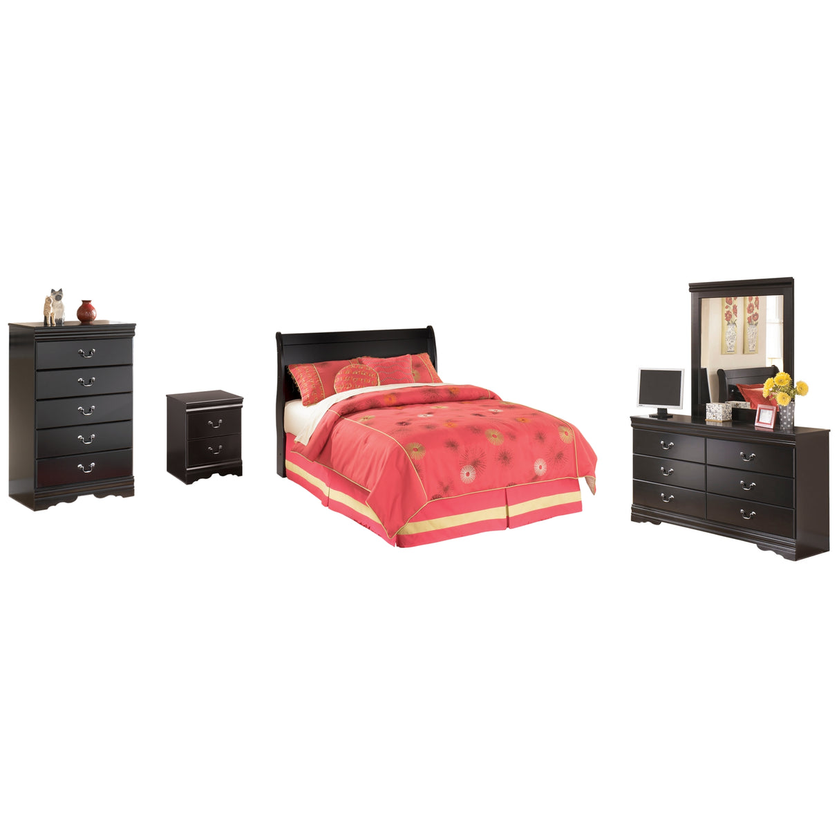 Huey Vineyard Full Sleigh Headboard Bed with Mirrored Dresser, Chest and Nightstand in Black from Ashley Furniture - Luna Furniture