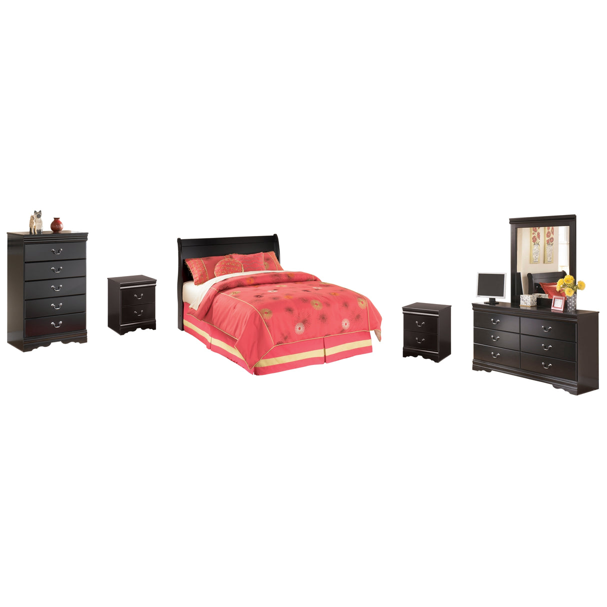 Huey Vineyard Full Sleigh Headboard Bed with Mirrored Dresser, Chest and 2 Nightstands in Black from Ashley Furniture - Luna Furniture