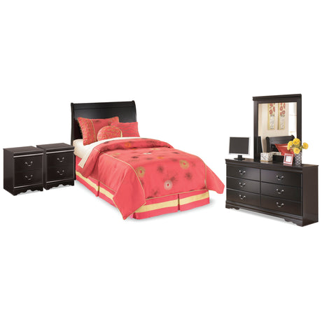 Huey Vineyard Twin Sleigh Headboard Bed with Mirrored Dresser and 2 Nightstands in Black from Ashley Furniture - Luna Furniture