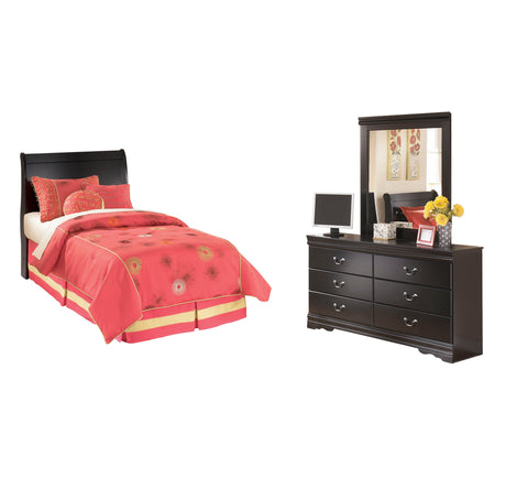 Huey Vineyard Twin Sleigh Headboard Bed with Mirrored Dresser in Black from Ashley Furniture - Luna Furniture