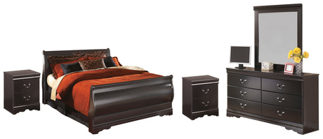 Huey Vineyard Black Full Sleigh Bed with Mirrored Dresser and 2 Nightstands from Ashley - Luna Furniture
