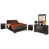 Huey Vineyard Black Queen Sleigh Bed with Mirrored Dresser and 2 Nightstands in Black from Ashley Furniture - Luna Furniture