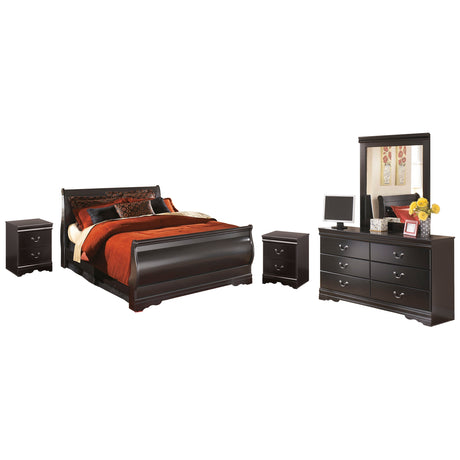 Huey Vineyard Black Queen Sleigh Bed with Mirrored Dresser and 2 Nightstands in Black from Ashley Furniture - Luna Furniture