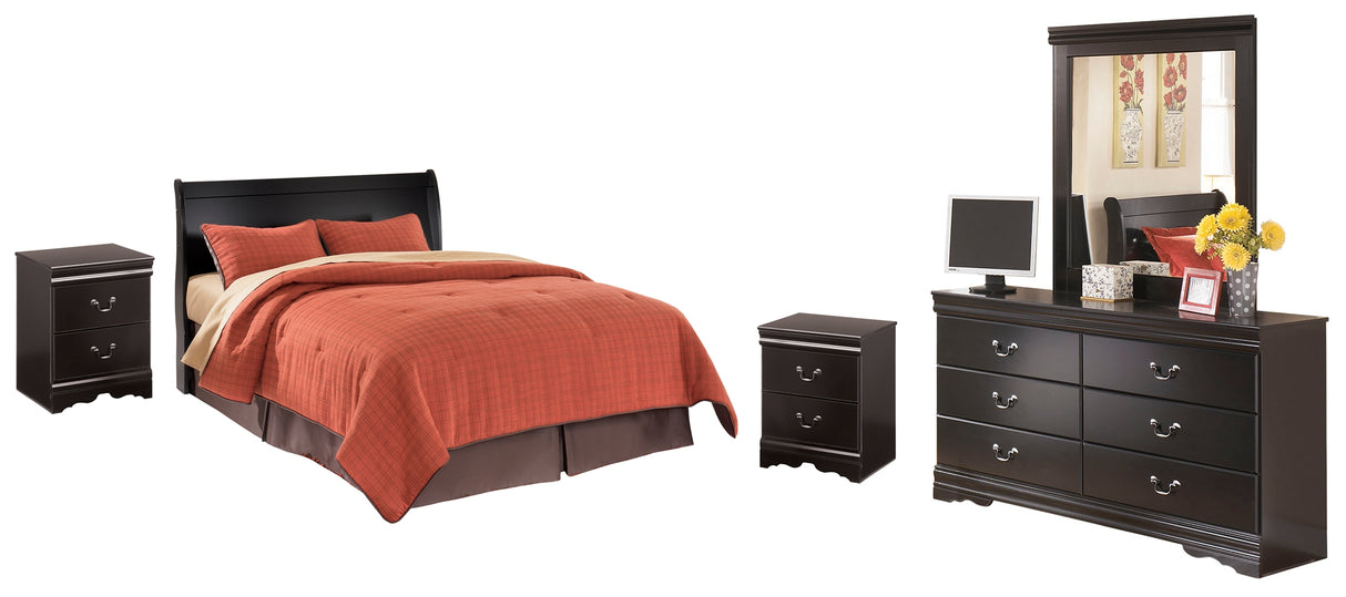 Huey Vineyard Queen Sleigh Headboard Bed with Mirrored Dresser and 2 Nightstands in Black from Ashley Furniture - Luna Furniture