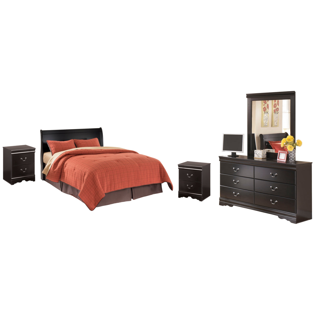 Huey Vineyard Queen Sleigh Headboard Bed with Mirrored Dresser and 2 Nightstands in Black from Ashley Furniture - Luna Furniture