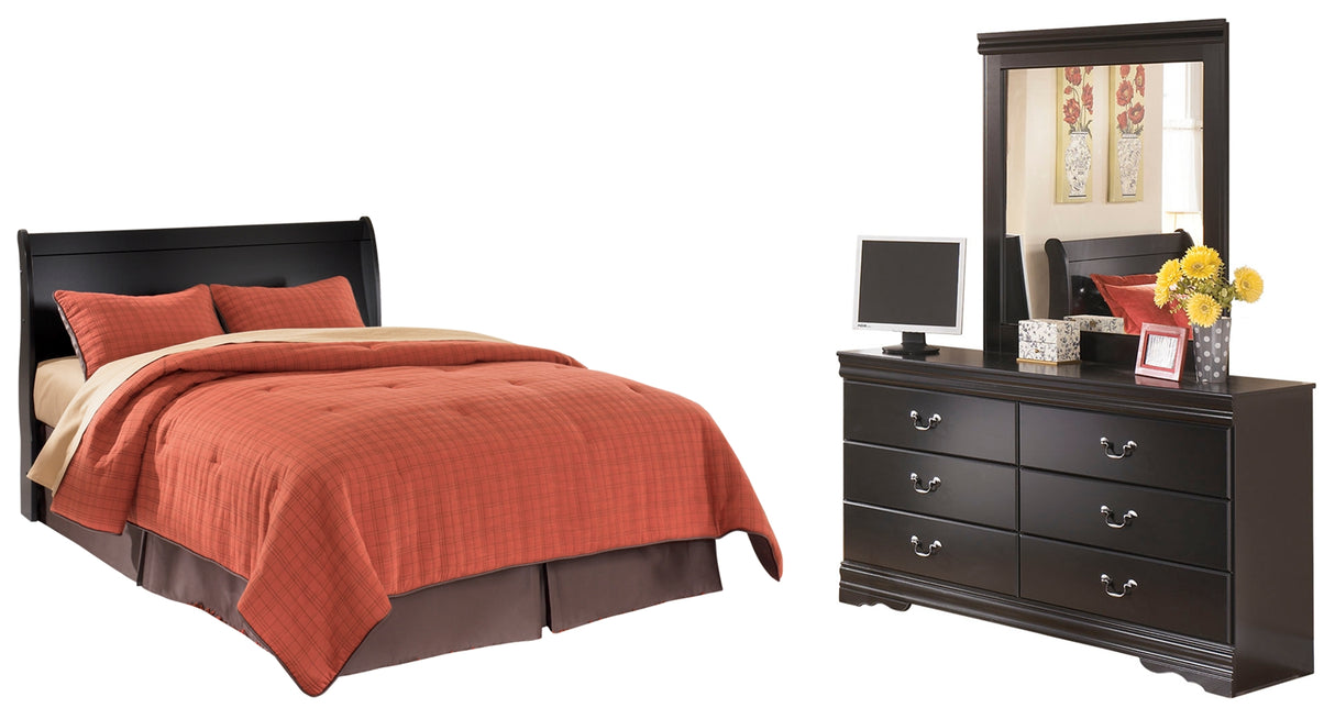 Huey Vineyard Queen Sleigh Headboard Bed with Mirrored Dresser in Black from Ashley Furniture - Luna Furniture