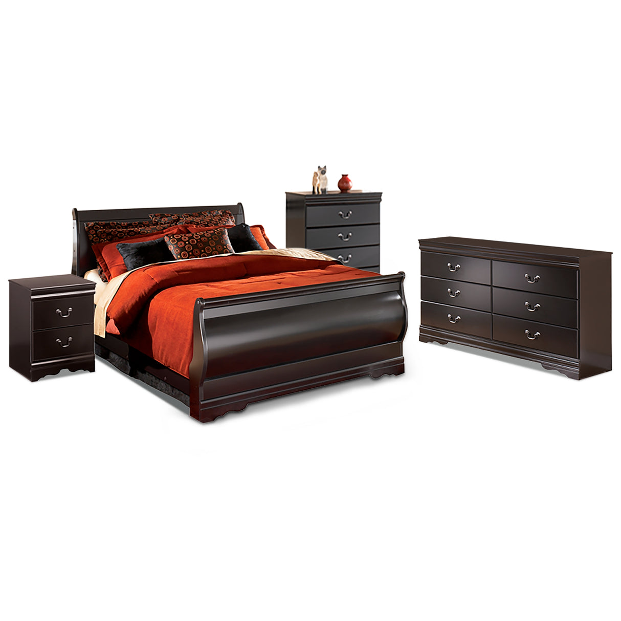 Huey Vineyard Queen Sleigh Bed with Mirrored Dresser and Nightstand in Black from Ashley Furniture - Luna Furniture