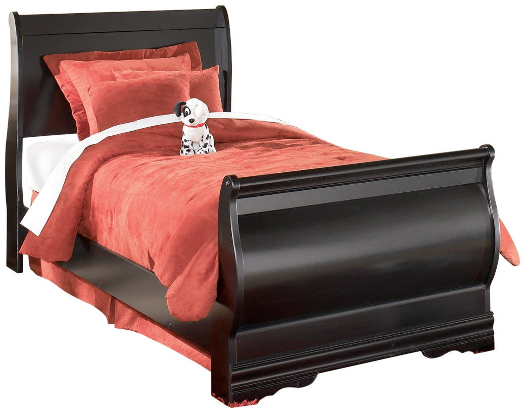 Huey Vineyard Twin Sleigh Bed with Mirrored Dresser in Black from Ashley - Luna Furniture