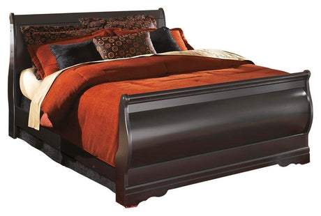 Huey Vineyard Black Queen Sleigh Bed with Mirrored Dresser and 2 Nightstands in Black from Ashley Furniture - Luna Furniture