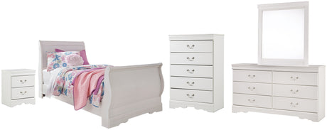 Anarasia White Twin Sleigh Bed with Mirrored Dresser, Chest and Nightstand from Ashley - Luna Furniture