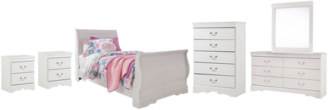 Anarasia Twin Sleigh Bed with Mirrored Dresser, Chest and 2 Nightstands in White from Ashley Furniture - Luna Furniture