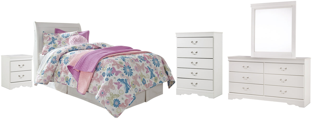 Anarasia Twin Sleigh Headboard Bed with Mirrored Dresser, Chest and Nightstand in White from Ashley Furniture - Luna Furniture