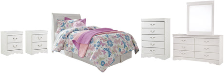 Anarasia Twin Sleigh Headboard Bed with Mirrored Dresser, Chest and 2 Nightstands in White from Ashley Furniture - Luna Furniture