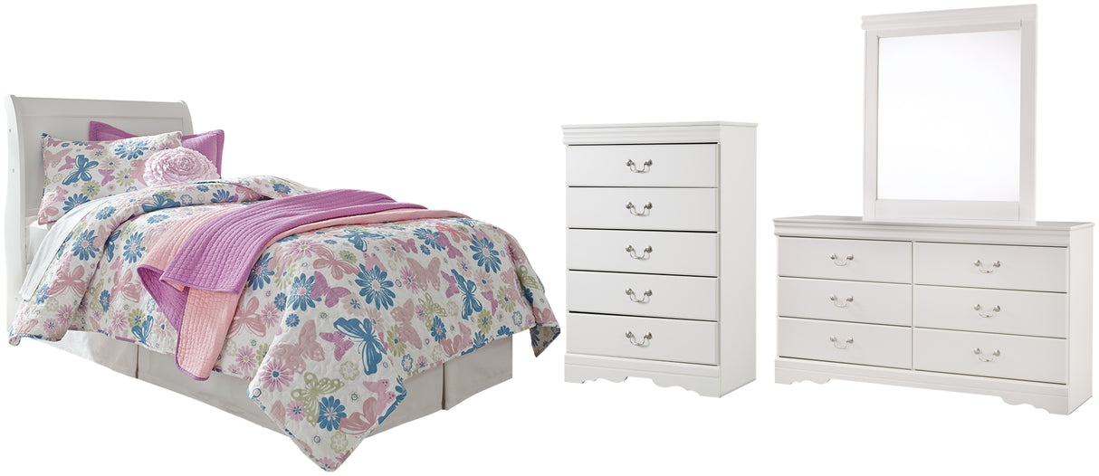 Anarasia White Twin Sleigh Headboard Bed with Mirrored Dresser and Chest from Ashley Furniture - Luna Furniture