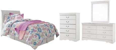 Anarasia White Twin Sleigh Headboard Bed with Mirrored Dresser and Chest from Ashley - Luna Furniture