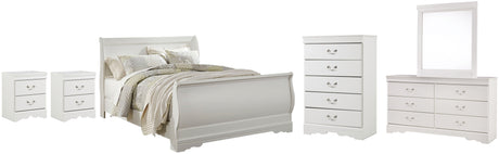 Anarasia Queen Sleigh Bed with Mirrored Dresser, Chest and 2 Nightstands in White from Ashley Furniture - Luna Furniture