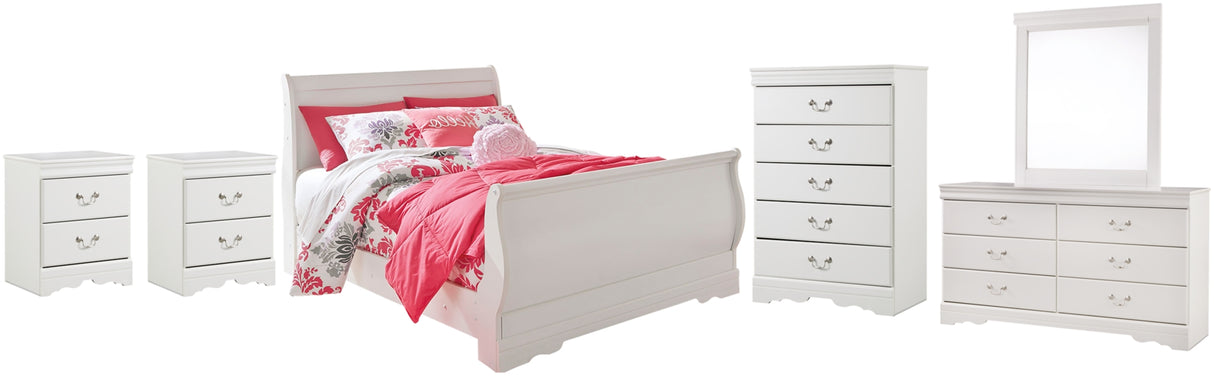 Anarasia Full Sleigh Bed with Mirrored Dresser, Chest and 2 Nightstands in White from Ashley - Luna Furniture