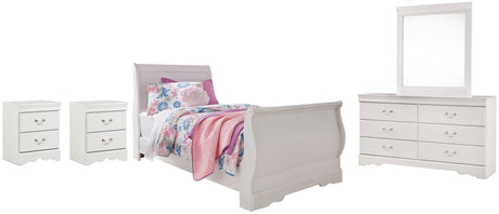 Anarasia White Twin Sleigh Bed with Mirrored Dresser and 2 Nightstands from Ashley - Luna Furniture