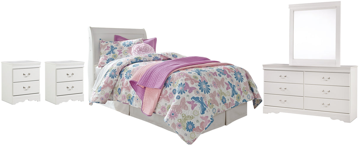 Anarasia White Twin Sleigh Headboard Bed with Mirrored Dresser and 2 Nightstands from Ashley Furniture - Luna Furniture
