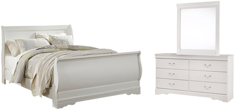 Anarasia Queen Sleigh Bed with Mirrored Dresser in White from Ashley Furniture - Luna Furniture