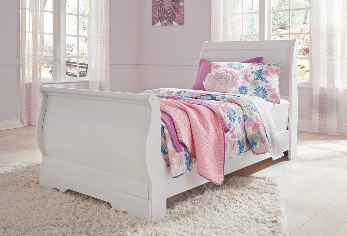 Anarasia Twin Sleigh Bed with Mirrored Dresser and Chest in White from Ashley Furniture - Luna Furniture