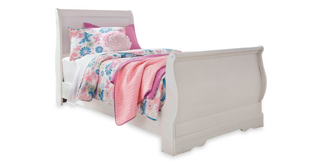 Anarasia Twin Sleigh Bed with Mirrored Dresser and Chest in White from Ashley Furniture - Luna Furniture