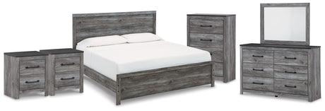 Bronyan King Panel Bed with Mirrored Dresser, Chest and 2 Nightstands in Dark Gray from Ashley - Luna Furniture