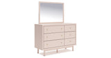 Wistenpine Twin Upholstered Panel Headboard with Mirrored Dresser and 2 Nightstands in Blush from Ashley - Luna Furniture