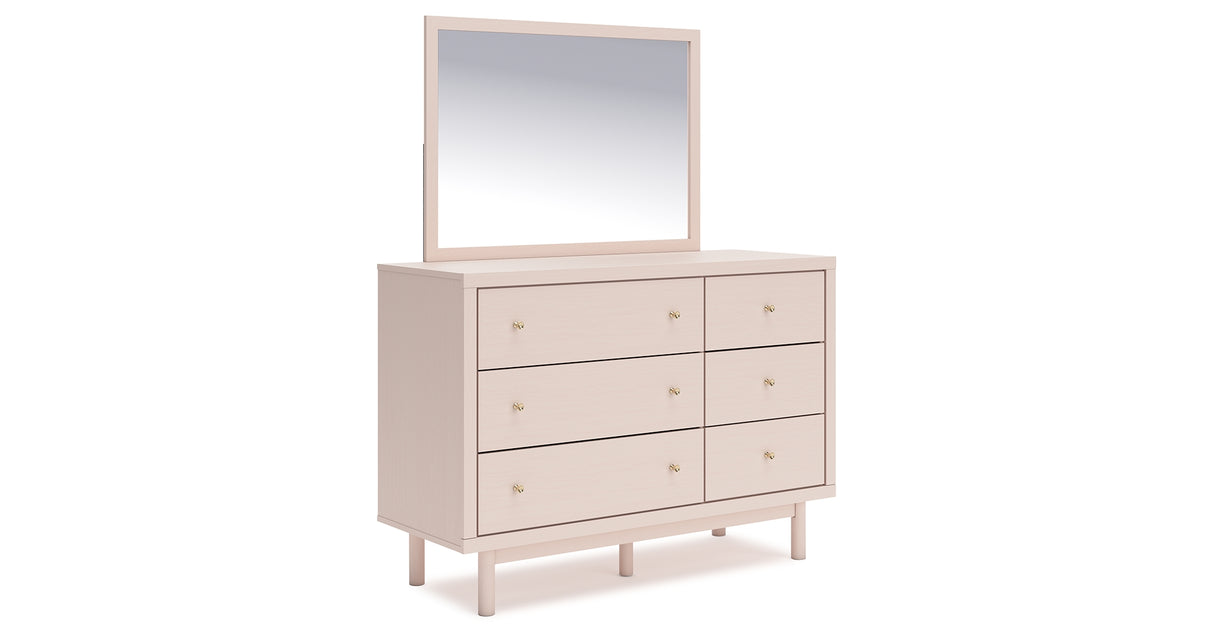 Wistenpine Twin Upholstered Panel Headboard with Mirrored Dresser and Chest in Blush from Ashley - Luna Furniture