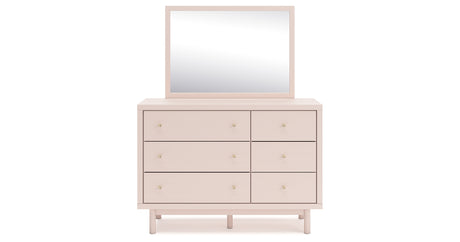 Wistenpine Twin Upholstered Panel Headboard with Mirrored Dresser, Chest and Nightstand in Blush from Ashley - Luna Furniture