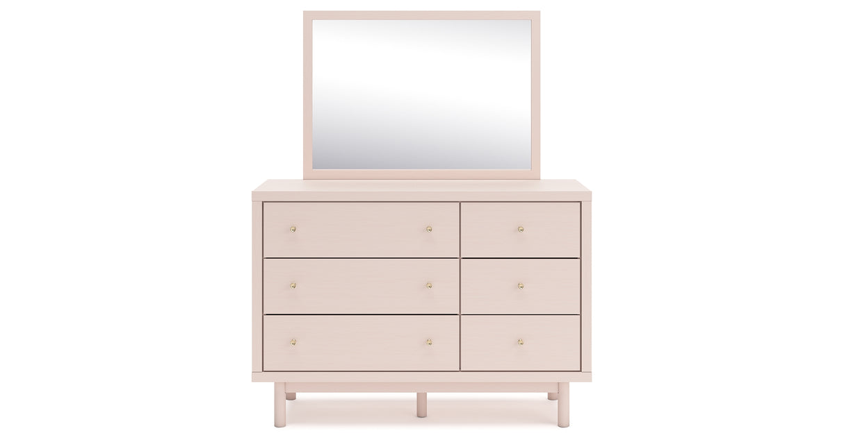 Wistenpine Twin Upholstered Panel Headboard with Mirrored Dresser and Chest in Blush from Ashley - Luna Furniture