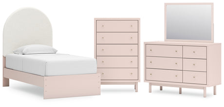 Wistenpine Twin Upholstered Panel Bed with Mirrored Dresser and Chest in Blush from Ashley - Luna Furniture