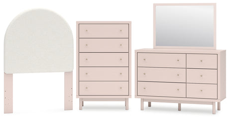 Wistenpine Twin Upholstered Panel Headboard with Mirrored Dresser and Chest in Blush from Ashley - Luna Furniture