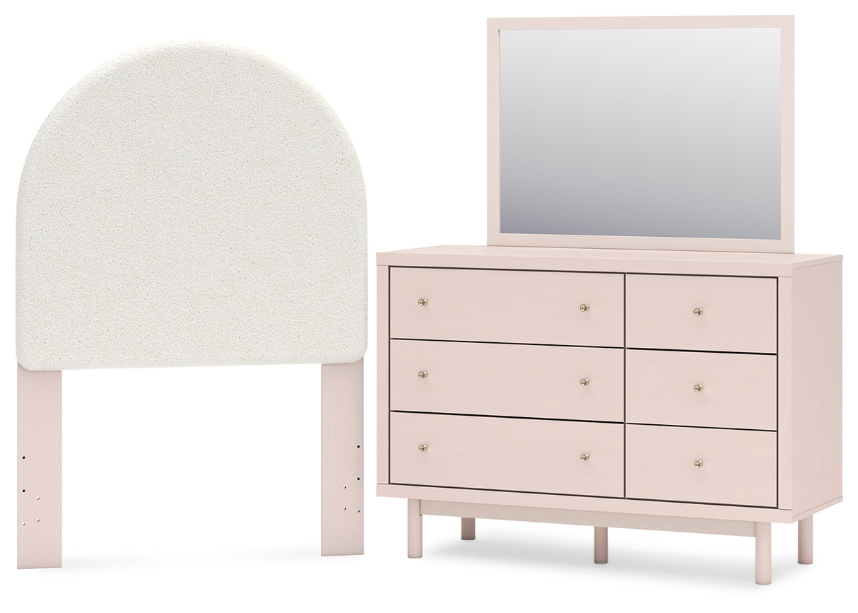 Wistenpine Blush Twin Upholstered Panel Headboard with Mirrored Dresser from Ashley - Luna Furniture