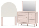 Wistenpine Blush Twin Upholstered Panel Headboard with Mirrored Dresser from Ashley - Luna Furniture