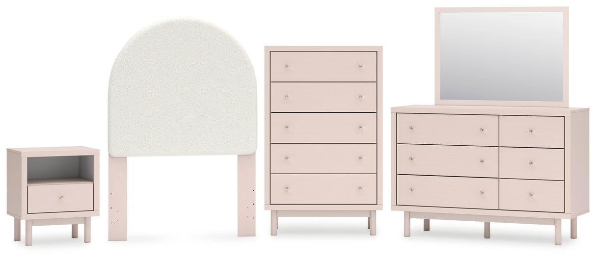Wistenpine Twin Upholstered Panel Headboard with Mirrored Dresser, Chest and Nightstand in Blush from Ashley - Luna Furniture