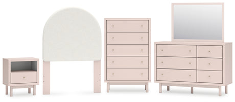 Wistenpine Twin Upholstered Panel Headboard with Mirrored Dresser, Chest and Nightstand in Blush from Ashley - Luna Furniture