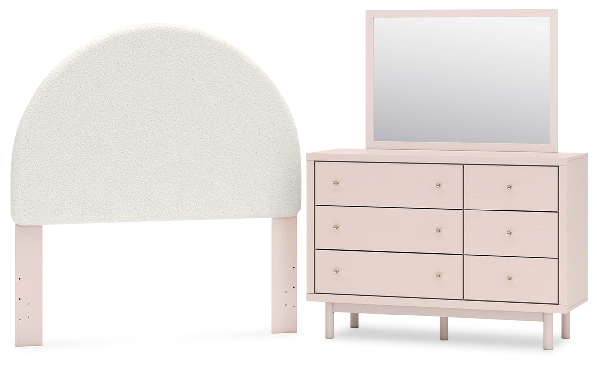 Wistenpine Full Upholstered Panel Headboard with Mirrored Dresser in Blush from Ashley - Luna Furniture