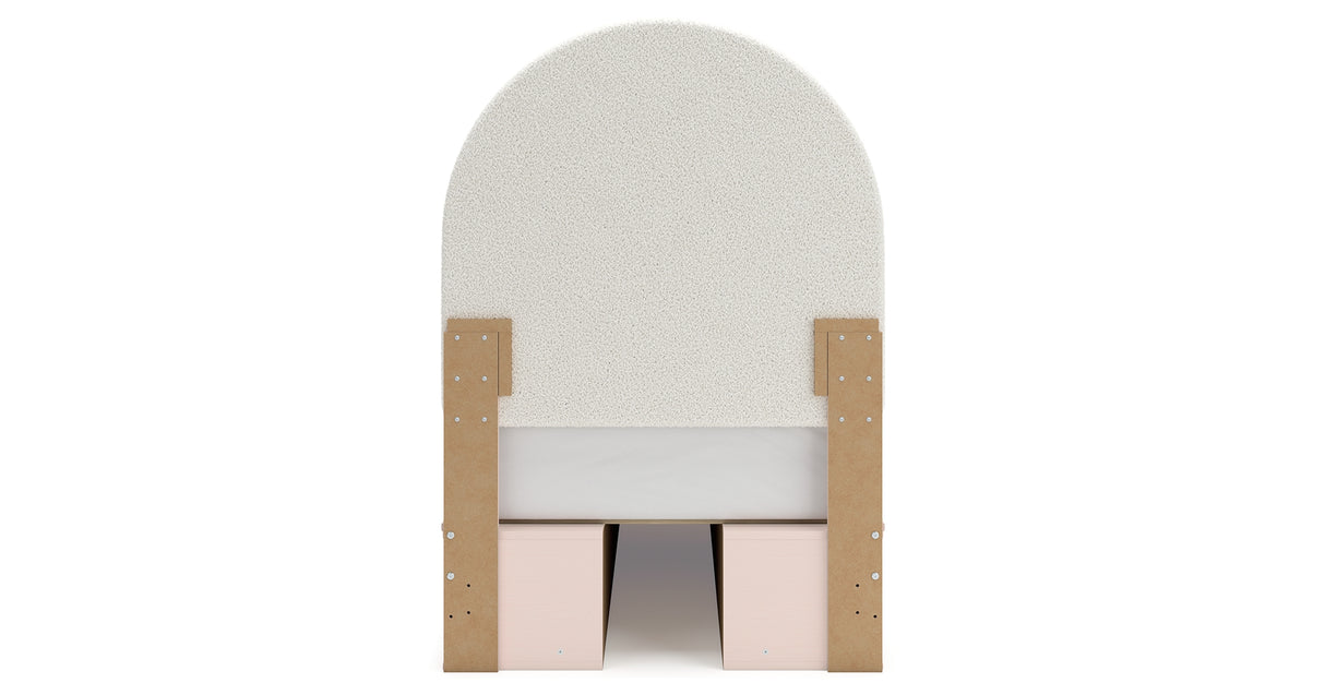 Wistenpine Twin Upholstered Panel Headboard with Mirrored Dresser, Chest and 2 Nightstands in Blush from Ashley - Luna Furniture