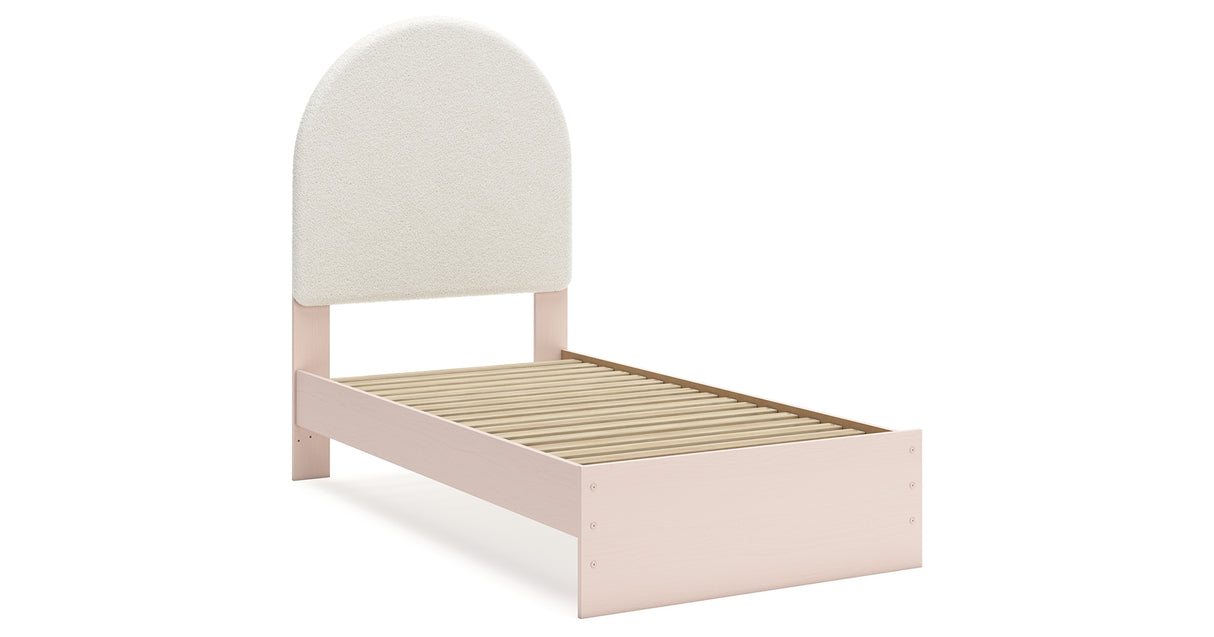 Wistenpine Twin Upholstered Panel Bed with Mirrored Dresser and Chest in Blush from Ashley - Luna Furniture