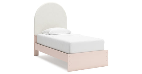 Wistenpine Twin Upholstered Panel Bed with Mirrored Dresser and Chest in Blush from Ashley - Luna Furniture