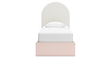 Wistenpine Twin Upholstered Panel Bed with Mirrored Dresser and Chest in Blush from Ashley - Luna Furniture