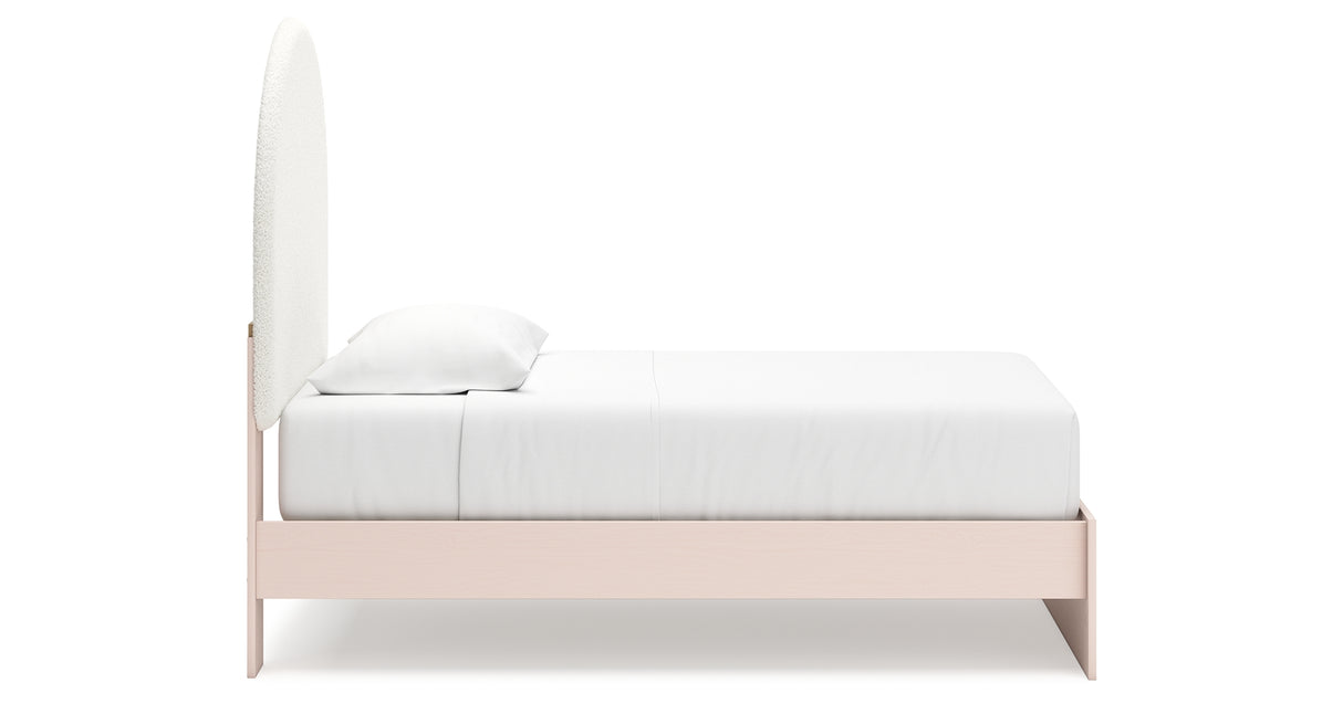 Wistenpine Twin Upholstered Panel Bed with Mirrored Dresser and Chest in Blush from Ashley - Luna Furniture