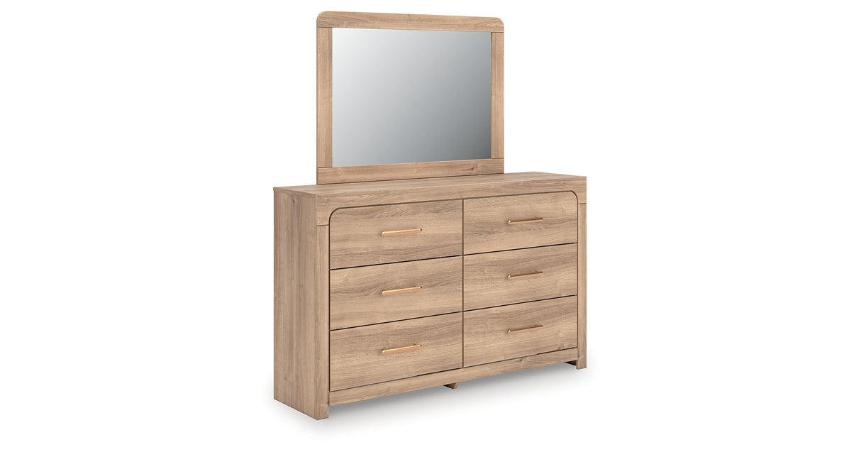 Kinlanni King Upholstered Platform Bed with Mirrored Dresser in Tan from Ashley - Luna Furniture