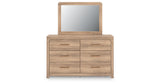 Kinlanni King Upholstered Platform Bed with Mirrored Dresser in Tan from Ashley - Luna Furniture